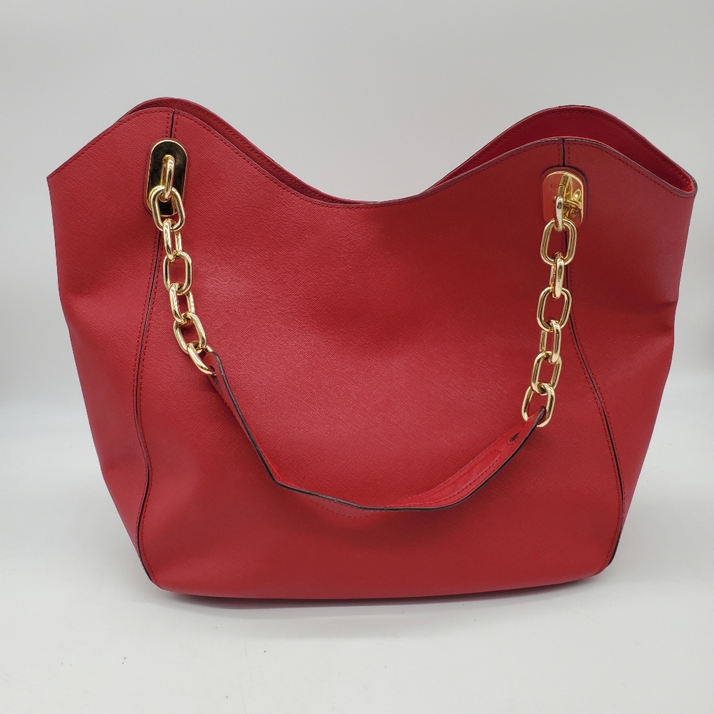 Michael Kors Lilly Saffiano Red Leather Gold Chain Handbag Shoulder Purse